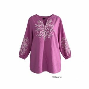 Talbots Women Orchid Purple Embroidered Linen Tunic Top 3/4 Sleeve 2X NEW
